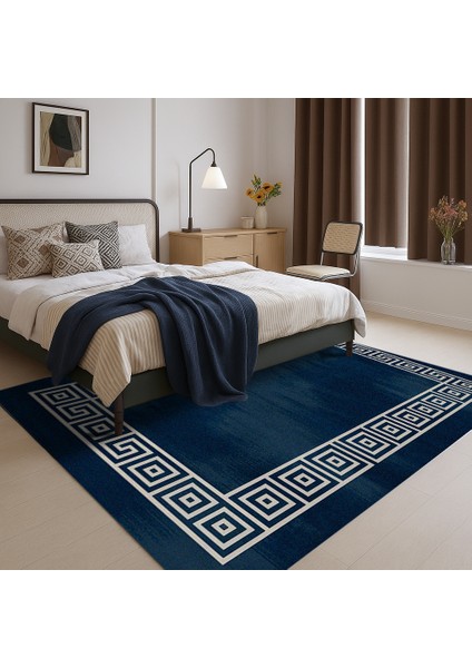 Lacivert Beyaz Kenarlı Geometrik Şekilli Dijital Baskılı Halı – Antre, Mutfak ve Salon Için