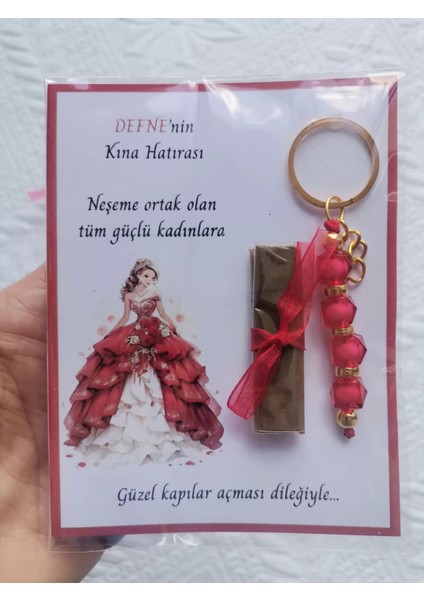 100 Adet Kişiye Özel Kına Hatırası Dağıtmalık Hediyelik Kırmızı Anahtarlık ve Paketlenmiş Kına