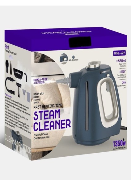 9in1 Buharlı Temizleme Makinesi, 1350W, 3m Kablo, 550ML Su Tankı, Çok Amaçlı Kullanım