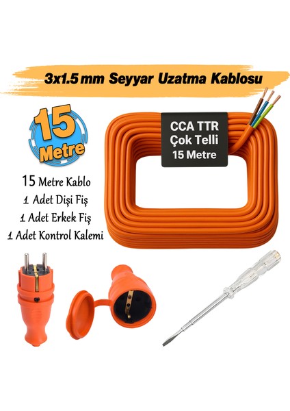 Seyyar 15 Metre Uzatma Kablosu Ttr Cca Telli 3x1.5 mm Elektrik Kablo Kontrol Kalem Dişi Erkek Fiş fiyatları