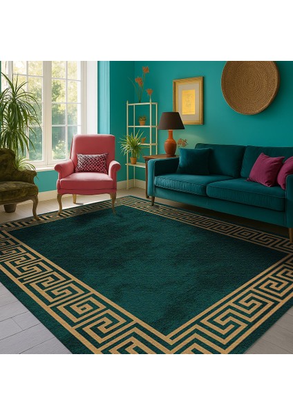 Yeşil Gold Kenarlı Geometrik Şekilli Dijital Baskılı Halı – Antre, Mutfak ve Salon Için