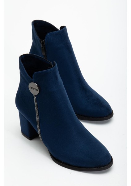 Lacivert Kadın Topuklu Bot Süet Taş Detaylı Yuvarlak Burun
