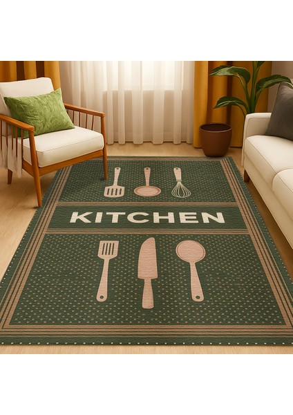 Haki Kitchen Yazılı Halı – Kaymaz Pamuk Taban, Dijital Baskı