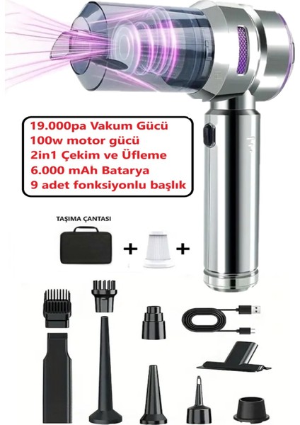 Güçlü Vakumlu Çok Fonksiyonlu El Süpürgesi, Şarjlı, Üflemeli, Ev ve Ofis Kullanımı