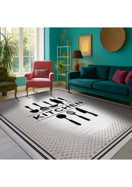 Gri Kitchen Yazılı Dekoratif Mutfak Halısı – Kaymaz ve Yumuşak