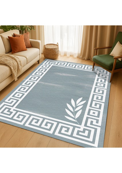 Gri Beyaz Çizgi ve Yaprak Desenli Dijital Baskılı Halı – Modern Dekoratif Tasarım