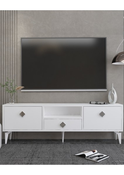 1304DROPCT-1 Tv Sehpası BEYAZ-GÜMÜŞ KULP
