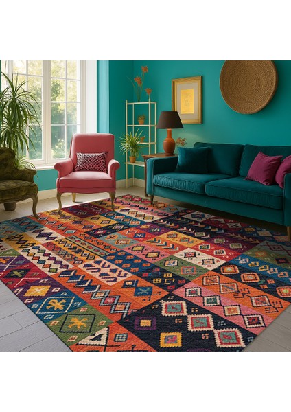 Çok Renkli Geometrik Şekilli Şönil Halı – Salon ve Mutfak Halısı