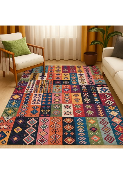 Çok Renkli Geometrik Şekilli Şönil Halı – Salon ve Mutfak Halısı