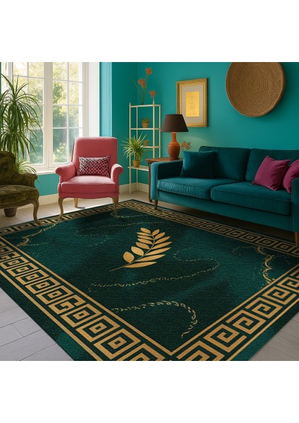 Yeşil ve Gold Çizgi ve Yaprak Desenli Dijital Baskılı Halı – Modern Dekoratif Tasarım