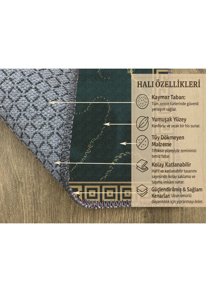 Yeşil ve Gold Çizgi ve Yaprak Desenli Dijital Baskılı Halı – Modern Dekoratif Tasarım fırsatları