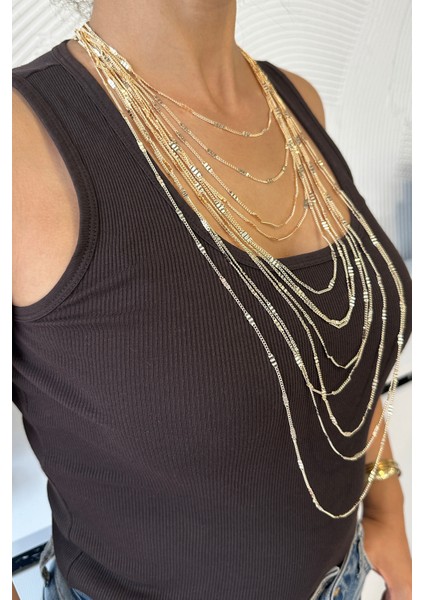 Altın Rengi Çok Katlı Gösterişli Işıltılı Zincir Kolye (40CM-95CM)