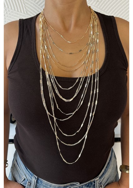 Altın Rengi Çok Katlı Gösterişli Işıltılı Zincir Kolye (40CM-95CM) fiyatları