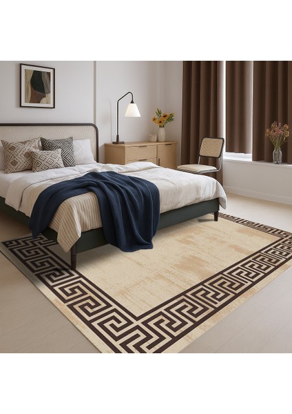 Bej ve Siyah Kenar Motifli Halı – Salon ve Yatak Odası Için