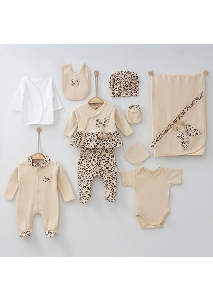Kız Bebek 0-3 Ay Leopar Desenli Kelebek Nakışlı Hastane Çıkışı Zıbın Seti %100 Pamuk
