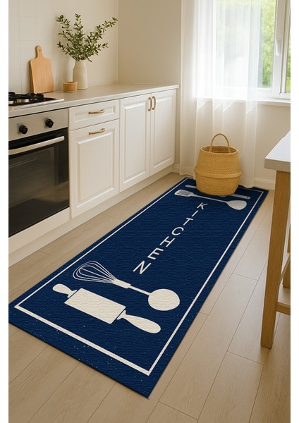 Lacivert ve Bej Desenli Kitchen Yazılı Halı – Modern Dijital Baskılı Tasarım