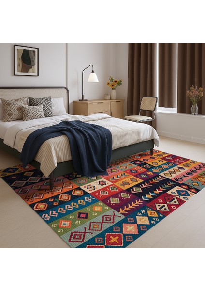 Çok Renkli Geometrik Şekilli Şönil Halı – Salon ve Mutfak Halısı