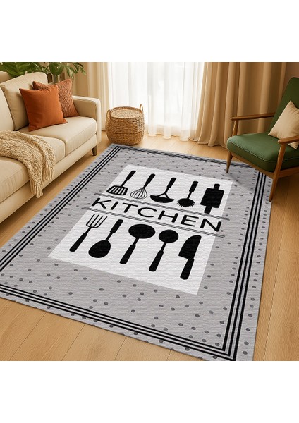 Gri Kitchen Yazılı Halı – Süpürgeyle Kolay Temizlenen Modern Tasarım