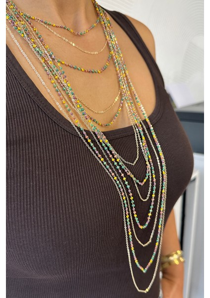Altın Rengi Çok Katlı Renkli Boncuk Detay Gösterişli Zincir Kolye (40CM-95CM)