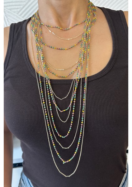 Altın Rengi Çok Katlı Renkli Boncuk Detay Gösterişli Zincir Kolye (40CM-95CM) fiyatları