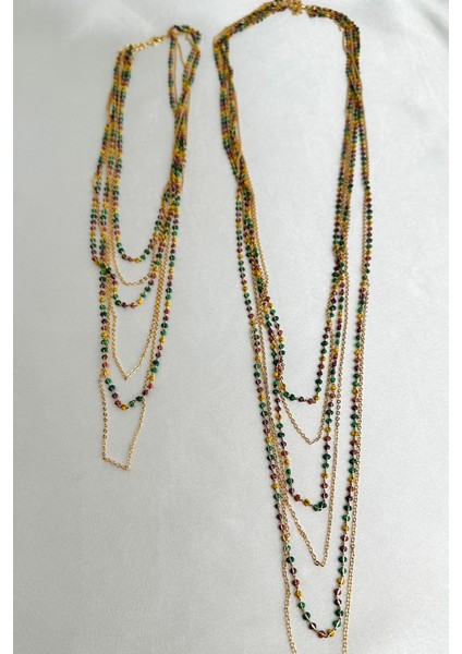 Altın Rengi Çok Katlı Renkli Boncuk Detay Gösterişli Zincir Kolye (40CM-95CM) modelleri