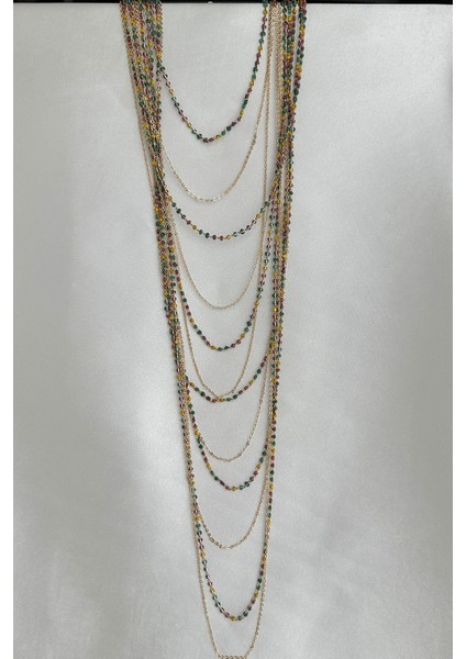 Altın Rengi Çok Katlı Renkli Boncuk Detay Gösterişli Zincir Kolye (40CM-95CM) fırsatları