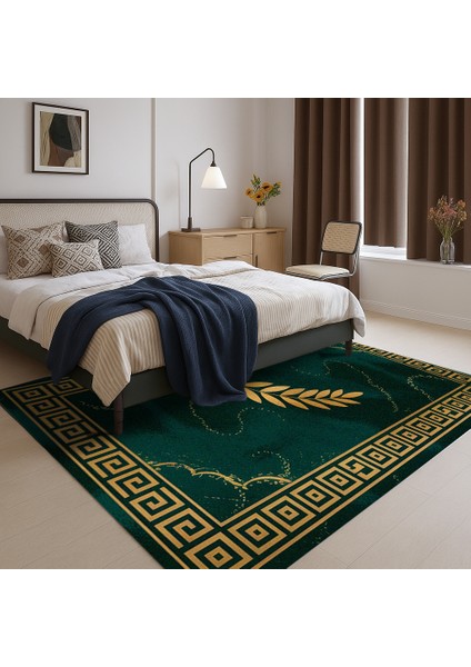 Yeşil ve Gold Çizgi ve Yaprak Desenli Dijital Baskılı Halı – Modern Dekoratif Tasarım