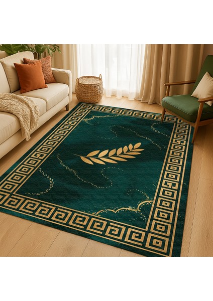 Yeşil ve Gold Çizgi ve Yaprak Desenli Dijital Baskılı Halı – Modern Dekoratif Tasarım