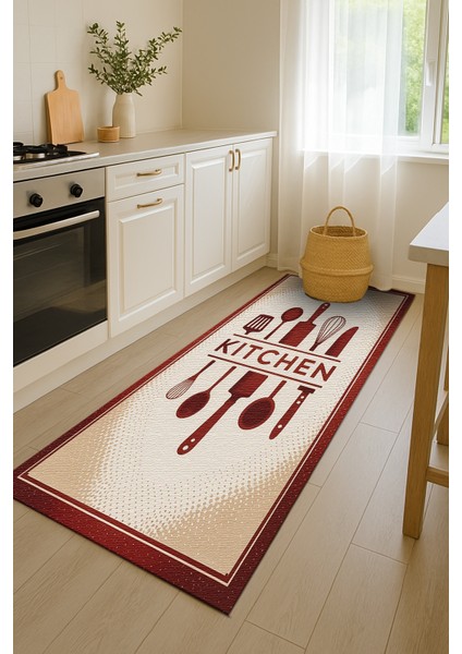 Bordo Kitchen Yazılı Mutfak Halısı – Dijital Baskılı, Kolay Temizlenir