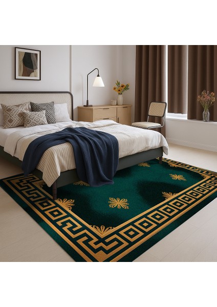 Yeşil Gold Çok Desenli Kaymaz Tabanlı Baskılı Halı – Modern Dekoratif Tasarım