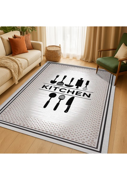 Gri Kitchen Yazılı Dekoratif Mutfak Halısı – Kaymaz ve Yumuşak modelleri