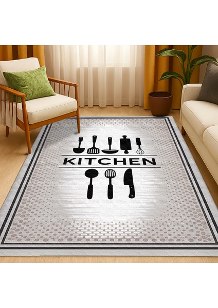 Gri Kitchen Yazılı Dekoratif Mutfak Halısı – Kaymaz ve Yumuşak