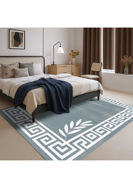 Gri Beyaz Çizgi ve Yaprak Desenli Dijital Baskılı Halı – Modern Dekoratif Tasarım modelleri