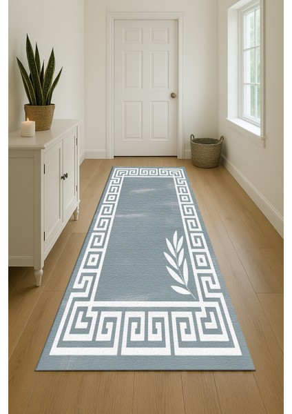 Gri Beyaz Çizgi ve Yaprak Desenli Dijital Baskılı Halı – Modern Dekoratif Tasarım