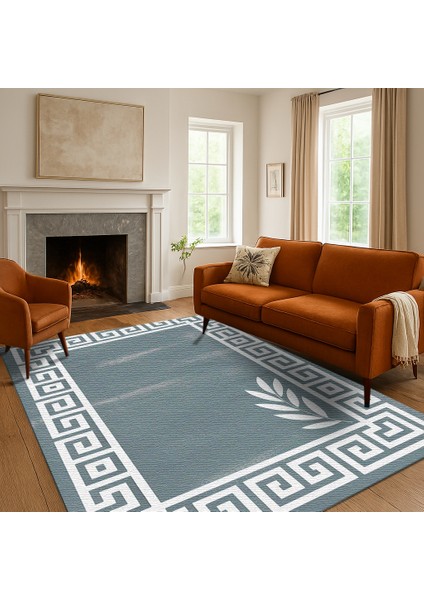 Gri Beyaz Çizgi ve Yaprak Desenli Dijital Baskılı Halı – Modern Dekoratif Tasarım