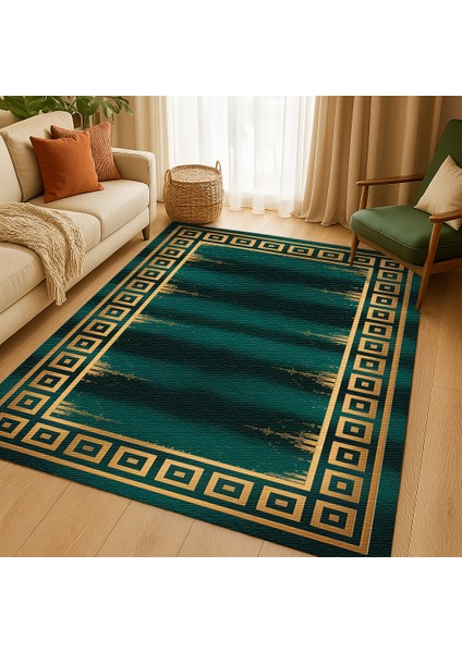 Yeşil Gold Kenar Desenli Halı – Yıkanabilir ve Kaymaz Tabanlı Dekoratif