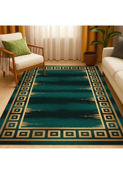 Yeşil Gold Kenar Desenli Halı – Yıkanabilir ve Kaymaz Tabanlı Dekoratif