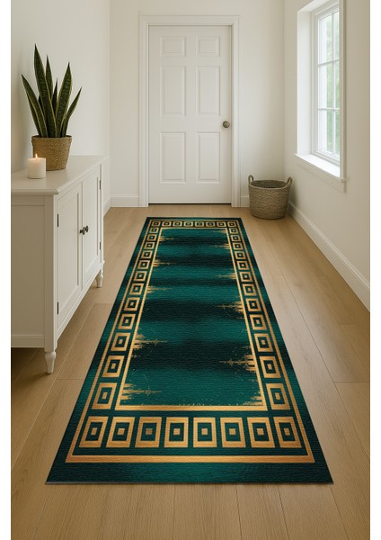 Yeşil Gold Kenar Desenli Halı – Yıkanabilir ve Kaymaz Tabanlı Dekoratif