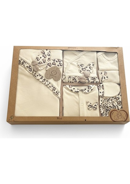 Kız Bebek 0-3 Ay Leopar Desenli Kelebek Nakışlı Hastane Çıkışı Zıbın Seti %100 Pamuk