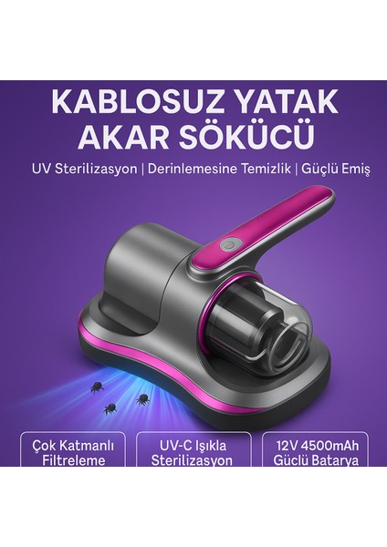 Kablosuz Yatak Temizleme Cihazı, Uv Sterilizasyon, Güçlü Emiş, Sessiz ve Taşınabilir