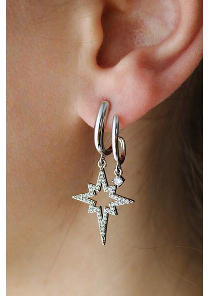 Vip Çelik Zirkon Taş Işleme Ikili Görünümlü Büyük Kutupyıldızı Küpe