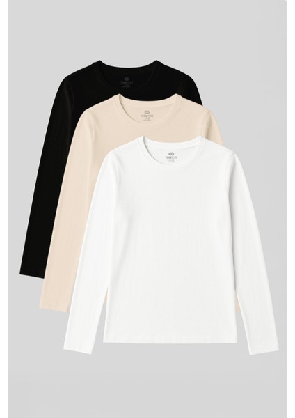 Standart Fit Basic O Yaka 3lü Paket Siyah-Beyaz-Bej Kadın T-Shirt - 97312
