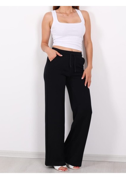 Beli Lastikli Bol Paça Modal Siyah Kadın Pantalon