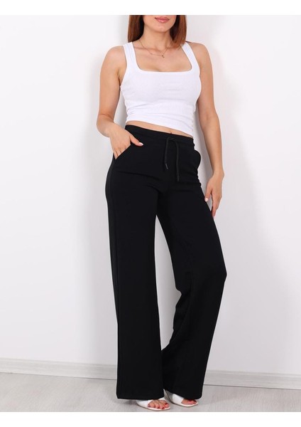 Beli Lastikli Bol Paça Modal Siyah Kadın Pantalon modelleri
