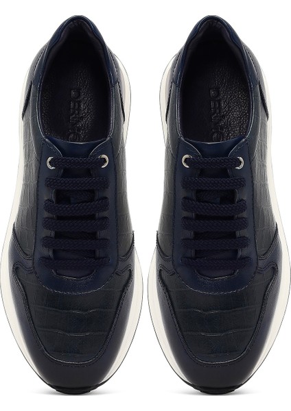 Erkek Lacivert Bağcıklı Kalın Tabanlı Deri Sneaker 25WFD622214