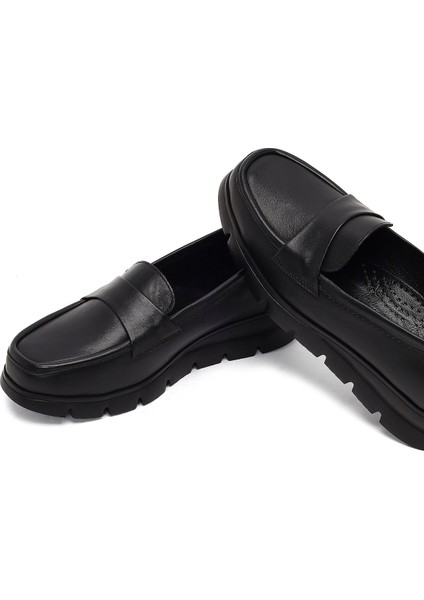 Kadın Siyah Dolgu Topuklu Deri Comfort Loafer 25AFD154118