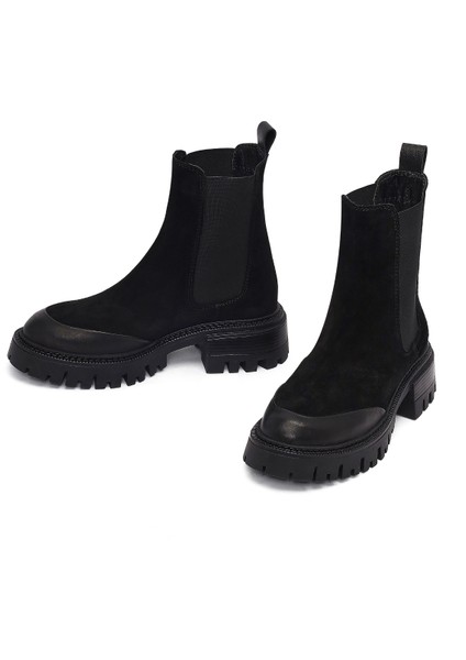 Kadın Siyah Kalın Tabanlı Süet Deri Chelsea Bot 25WFD150710 modelleri