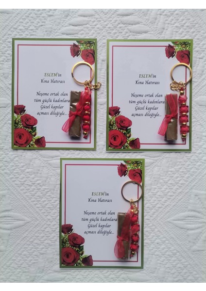 100 Adet Kişiye Özel Kına Hatırası Dağıtmalık Hediyelik Kırmızı Anahtarlık ve Paketlenmiş Kına modelleri