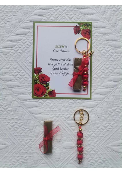 100 Adet Kişiye Özel Kına Hatırası Dağıtmalık Hediyelik Kırmızı Anahtarlık ve Paketlenmiş Kına