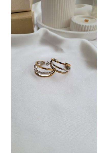 Gold%silver Üçlü Kararmaz Çelik Halka Küpe